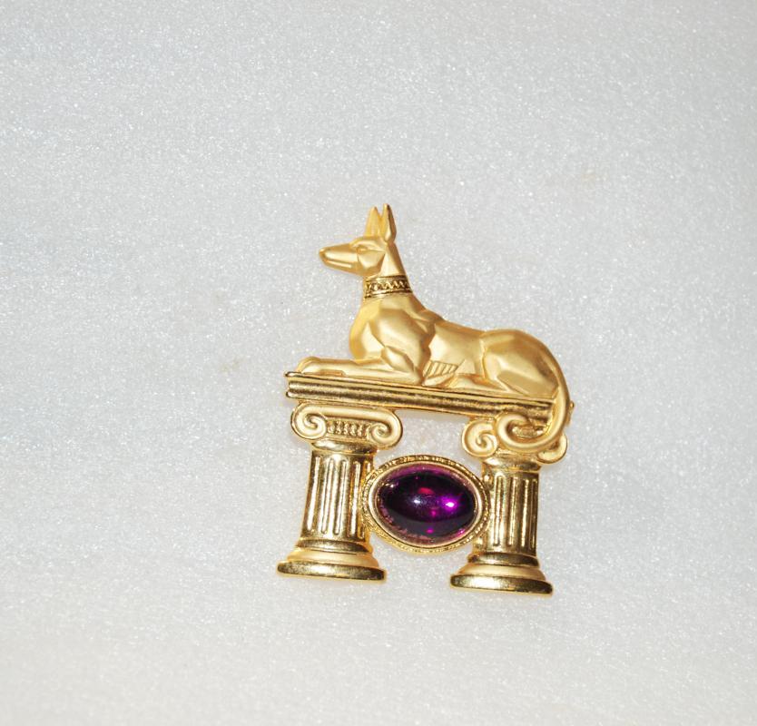 Vintage Gold Tone Anubis Egyptian Dog Brooch Signed JJ Jonette Purple Stone
