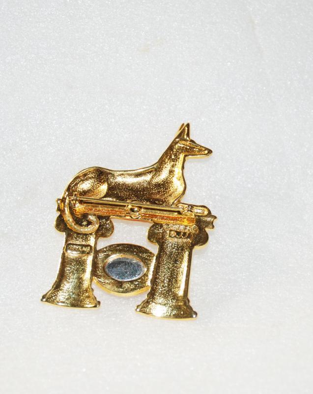 Vintage Gold Tone Anubis Egyptian Dog Brooch Signed JJ Jonette Purple Stone