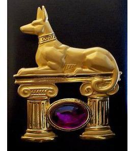Vintage Gold Tone Anubis Egyptian Dog Brooch Signed JJ Jonette Purple Stone