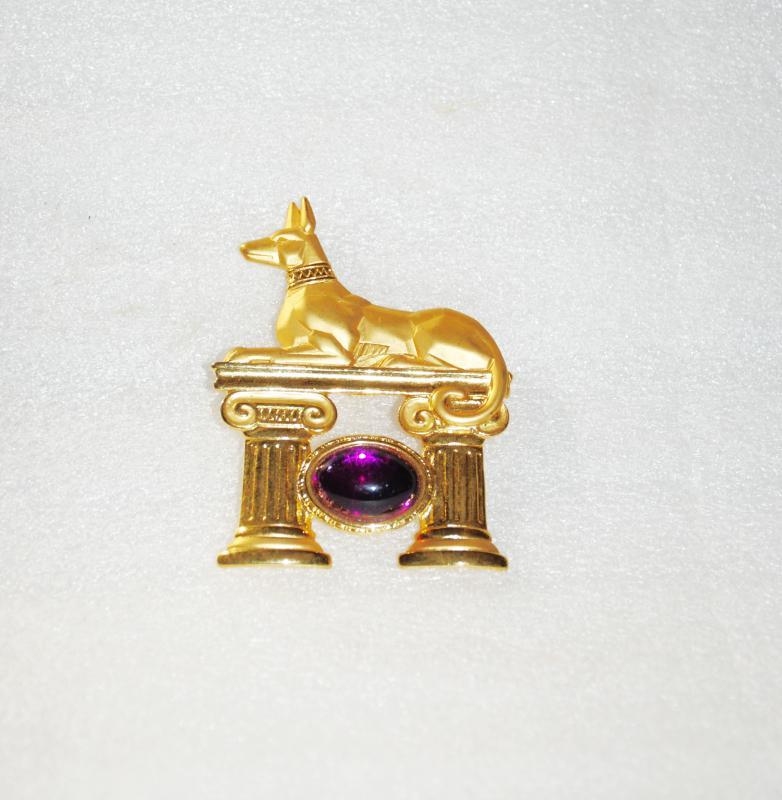 Vintage Gold Tone Anubis Egyptian Dog Brooch Signed JJ Jonette Purple Stone