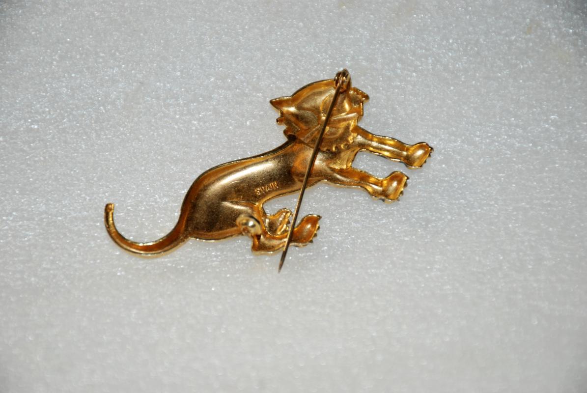 Vintage Gold & Black Spanish Damascene Cat with Pink Enamel Eyes
