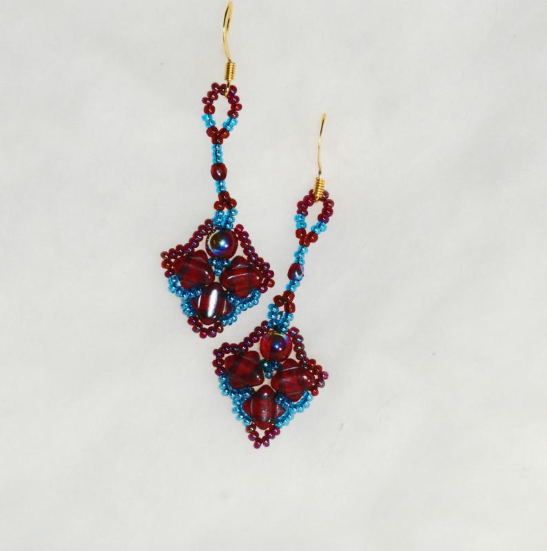 Dark Garnet and Blue Dangle Picasso Silky Beaded Earrings Hand Crafted one of a kind