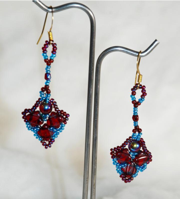 Dark Garnet and Blue Dangle Picasso Silky Beaded Earrings Hand Crafted one of a kind