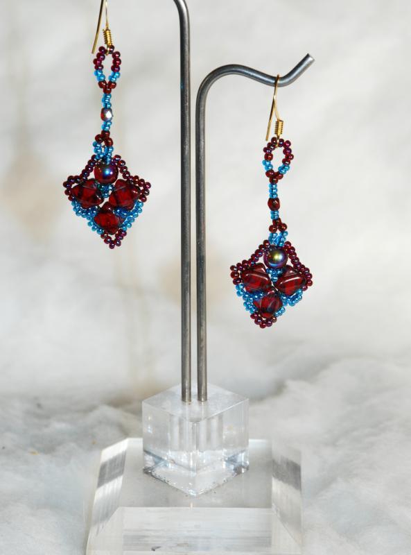 Dark Garnet and Blue Dangle Picasso Silky Beaded Earrings Hand Crafted one of a kind