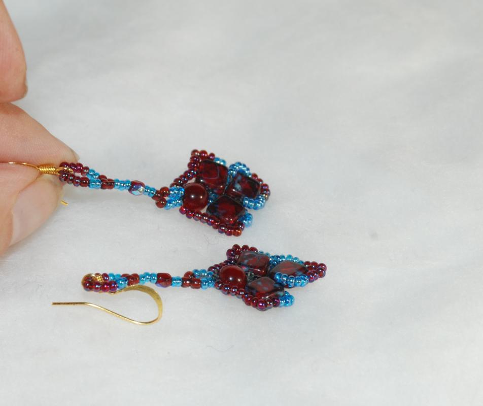 Dark Garnet and Blue Dangle Picasso Silky Beaded Earrings Hand Crafted one of a kind