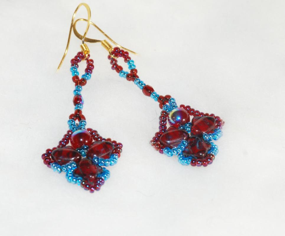 Dark Garnet and Blue Dangle Picasso Silky Beaded Earrings Hand Crafted one of a kind