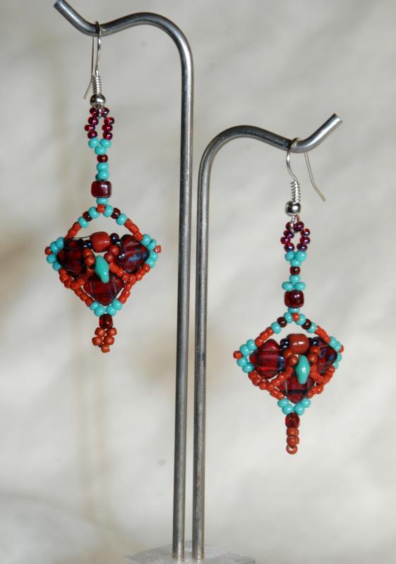 Tribal Earrings Dark Garnet and Blue Turquoise Draped Pattern Picasso Silky Beaded Earrings Hand Crafted one of a kind