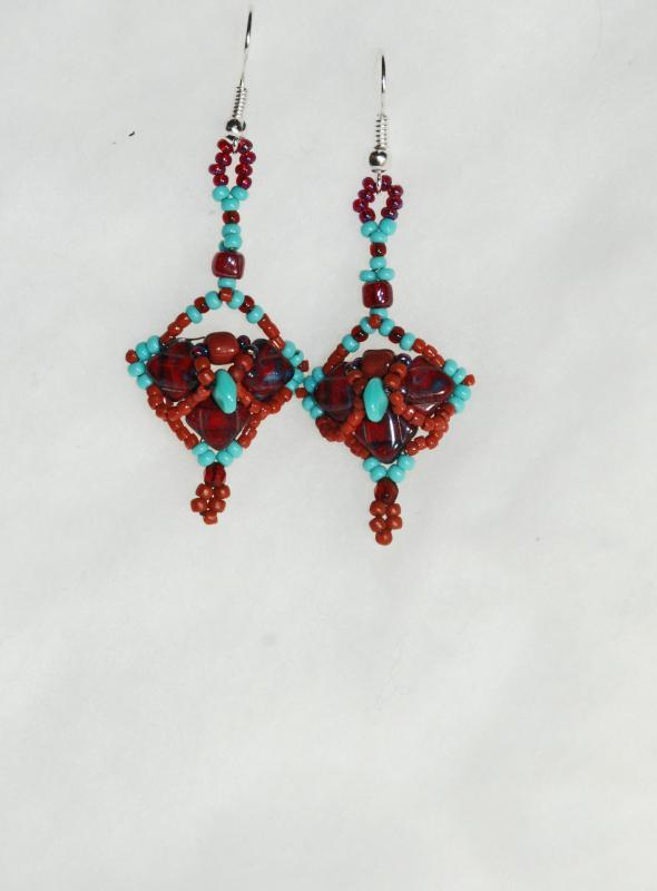 Tribal Earrings Dark Garnet and Blue Turquoise Draped Pattern Picasso Silky Beaded Earrings Hand Crafted one of a kind