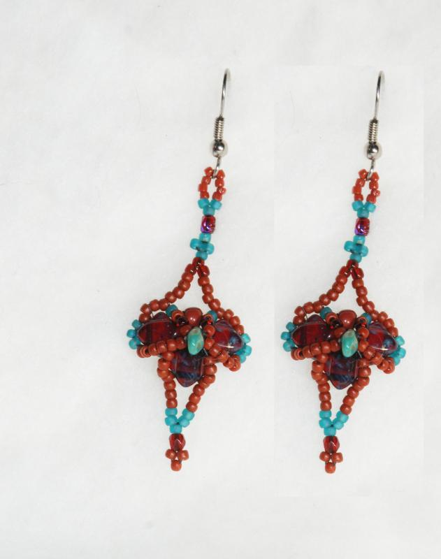 Tribal Cross Earrings Dark Garnet and Blue Turquoise Draped Pattern Czech Beaded Earrings Hand Crafted one of a kind