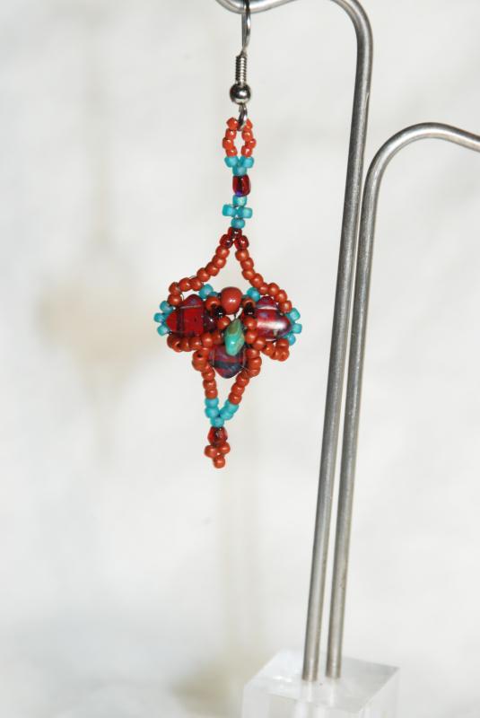 Tribal Cross Earrings Dark Garnet and Blue Turquoise Draped Pattern Czech Beaded Earrings Hand Crafted one of a kind