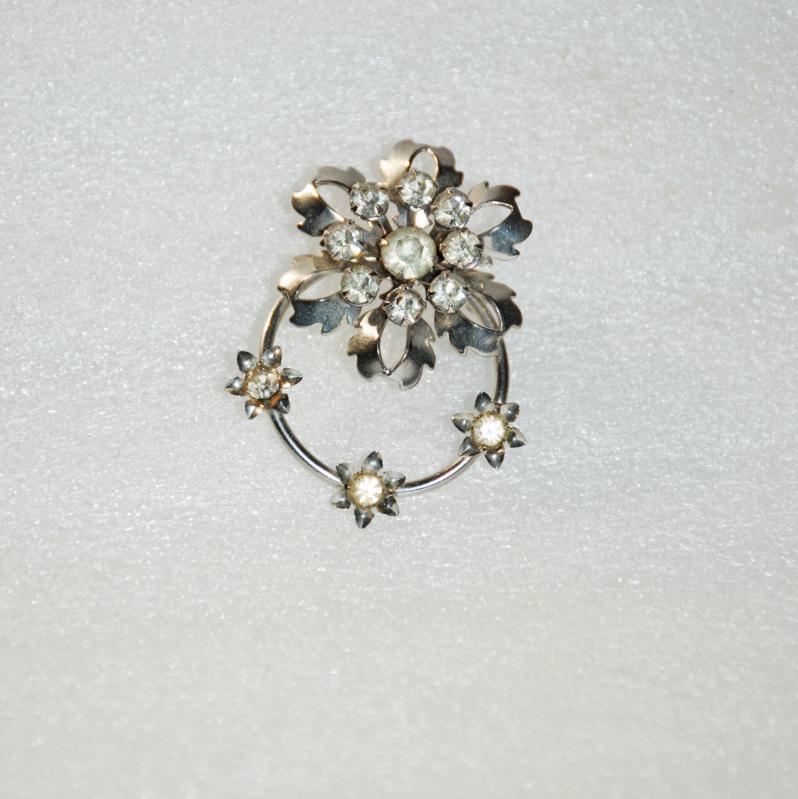 Silver & Crystal Rhinestone Flower and Circle Pin Brooch
