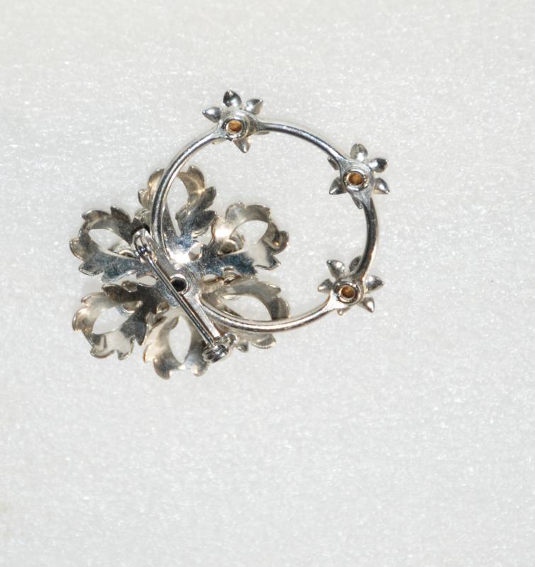 Silver & Crystal Rhinestone Flower and Circle Pin Brooch