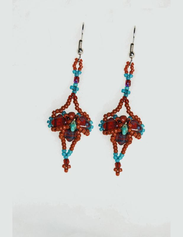 Tribal Cross Earrings Dark Garnet and Blue Turquoise Draped Pattern Czech Beaded Earrings Hand Crafted one of a kind