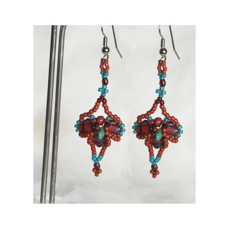 Tribal Cross Earrings Dark Garnet and Blue Turquoise Draped Pattern Czech Beaded Earrings Hand Crafted one of a kind