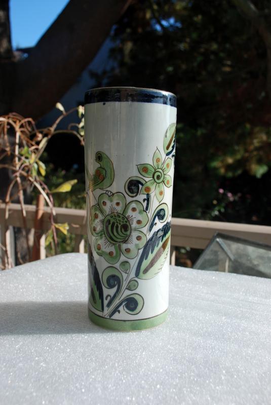 Vintage Ken Edwards Tonala Mexican Pottery Cylinder Vase for El Palomar Greens & Blue