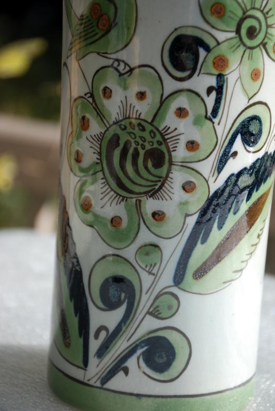 Vintage Ken Edwards Tonala Mexican Pottery Cylinder Vase for El Palomar Greens & Blue