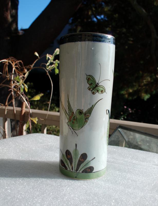 Vintage Ken Edwards Tonala Mexican Pottery Cylinder Vase for El Palomar Greens & Blue