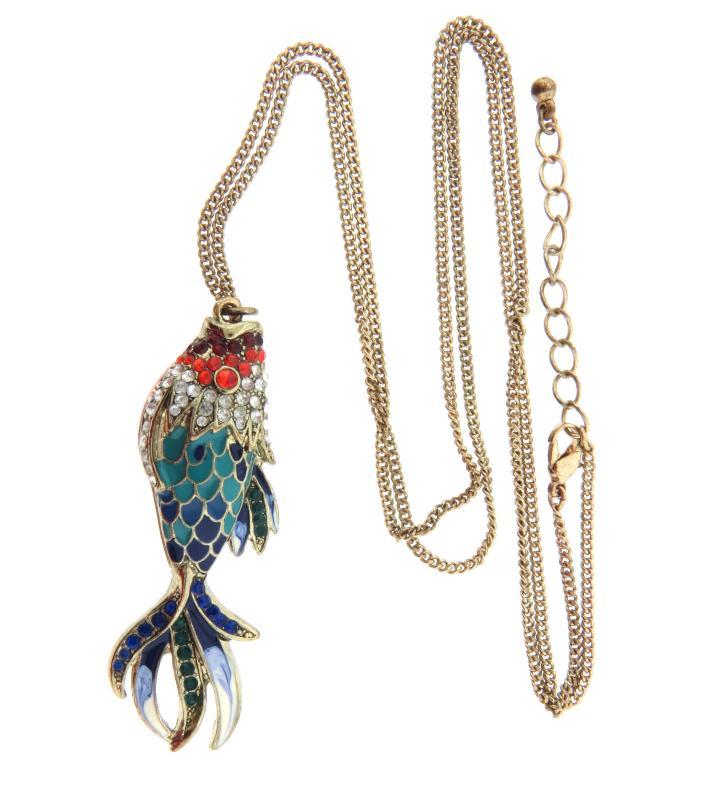 Double Sided Enamel Rhinestone Fish Pendant Necklace Vintage.