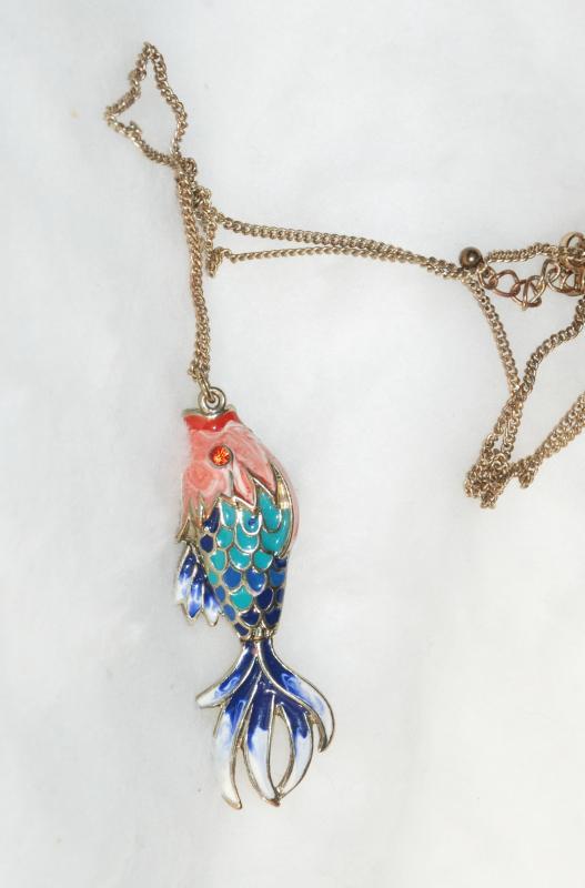 Double Sided Enamel Rhinestone Fish Pendant Necklace Vintage.