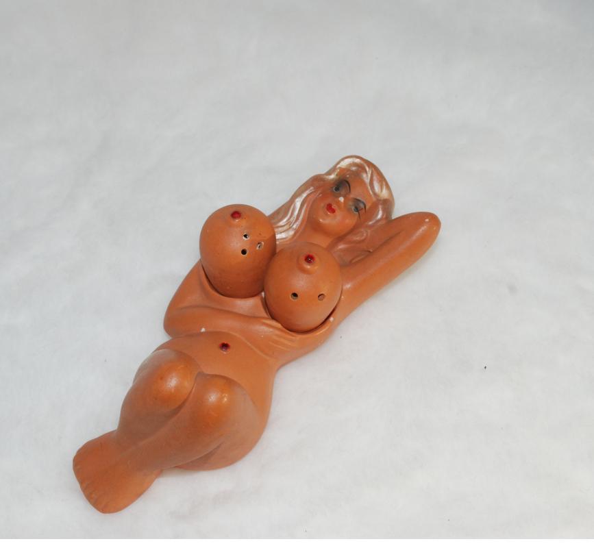 Naughty Nude Woman Salt Pepper Shaker with Rhinestone on Breast and Belly
