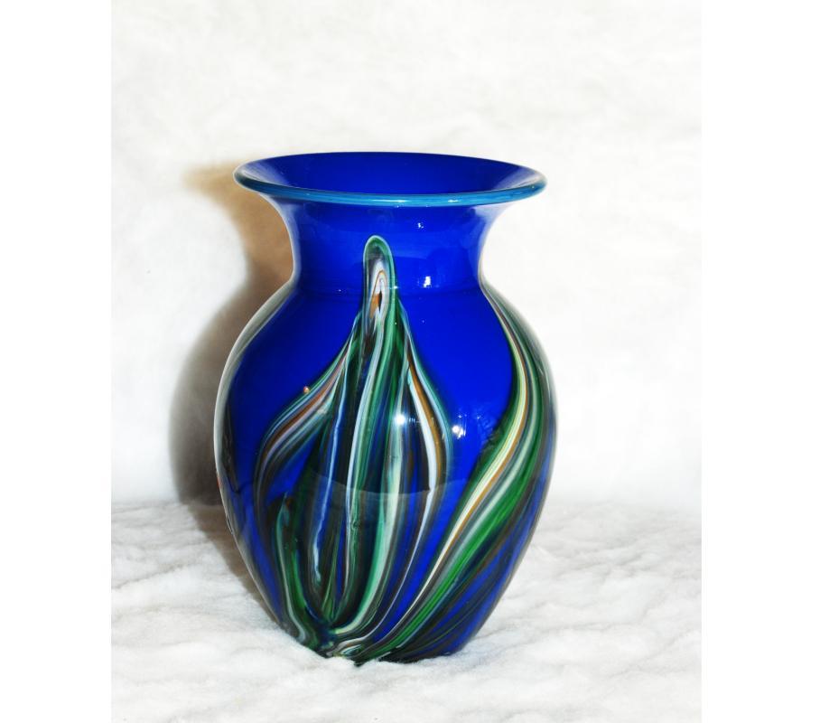Art Glass Vase by Studio Artist Dehanna Jones of Totally Blown Glassworks Blown Glass Vase Blue with Pulled Glass Feathering or leaves of greens and browns.