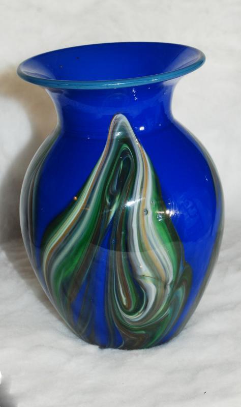 Art Glass Vase by Studio Artist Dehanna Jones of Totally Blown Glassworks Blown Glass Vase Blue with Pulled Glass Feathering or leaves of greens and browns.