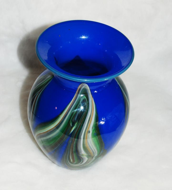 Art Glass Vase by Studio Artist Dehanna Jones of Totally Blown Glassworks Blown Glass Vase Blue with Pulled Glass Feathering or leaves of greens and browns.