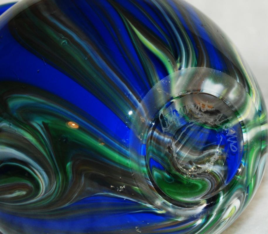 Art Glass Vase by Studio Artist Dehanna Jones of Totally Blown Glassworks Blown Glass Vase Blue with Pulled Glass Feathering or leaves of greens and browns.