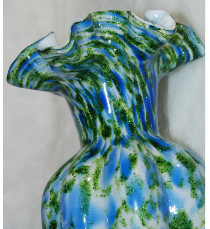 Vintage Fenton Art Glass Vase Vasa Murrhina Blue Green Aventurine Ruffle Scallop
