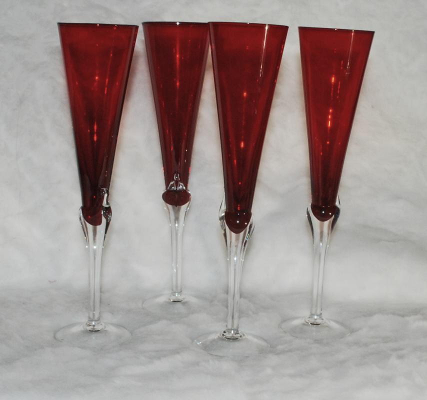 4 Tall Red & Crystal Clear Champagne Flutes , Hand Blown Glass Elegant