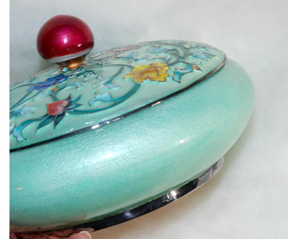 Pure Silver 99% & Enamel Cloisonne Lidded Bowl Dresser Jar Trinket Box Korean 392 Grams pure silver