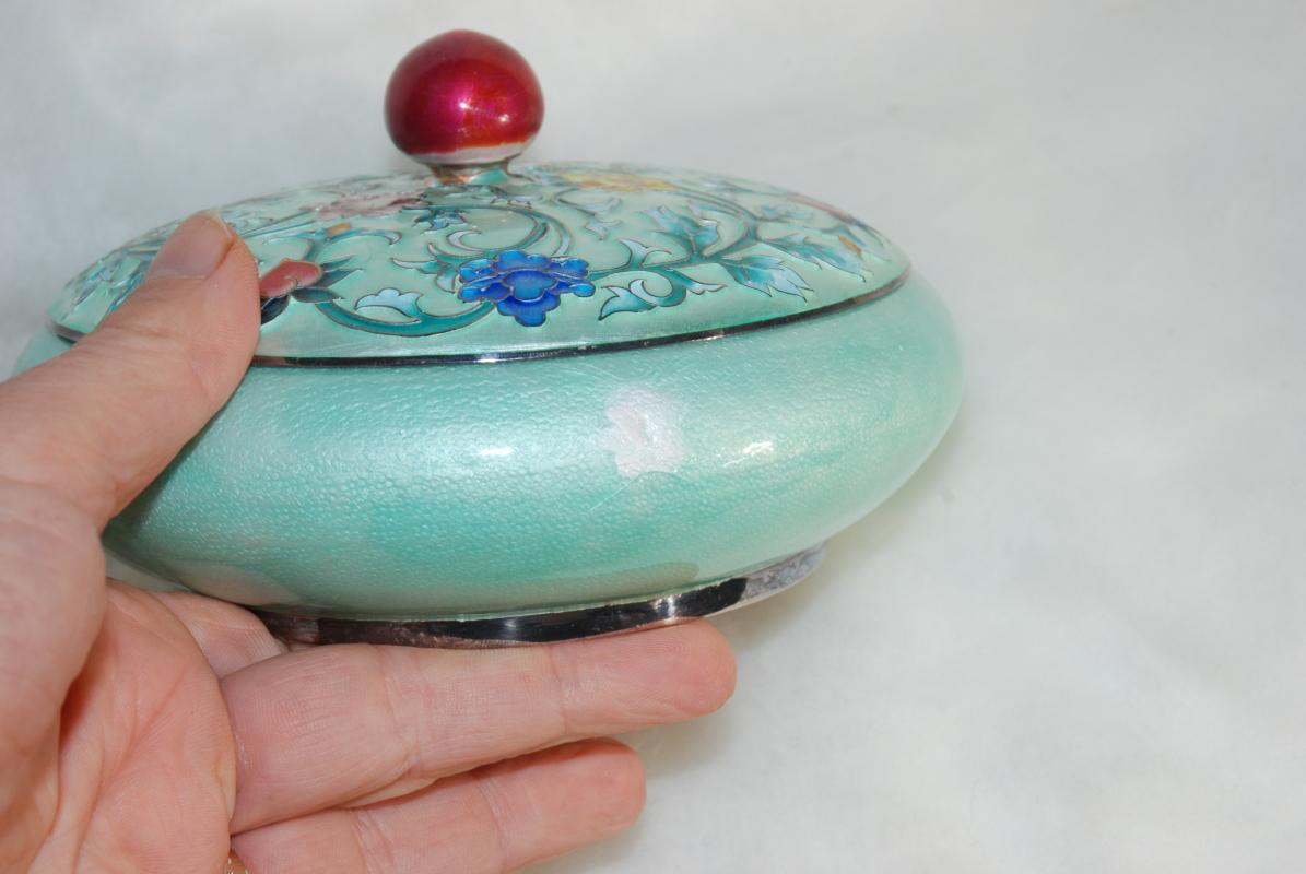 Pure Silver 99% & Enamel Cloisonne Lidded Bowl Dresser Jar Trinket Box Korean 392 Grams pure silver