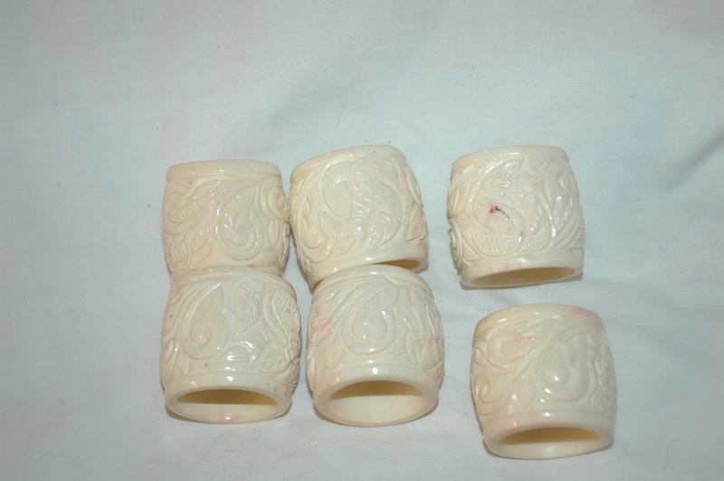6 Finely Carved Bone Napkin Rings , Leaves & Vines, Heavy maybe Chinese