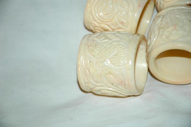 6 Finely Carved Bone Napkin Rings , Leaves & Vines, Heavy maybe Chinese
