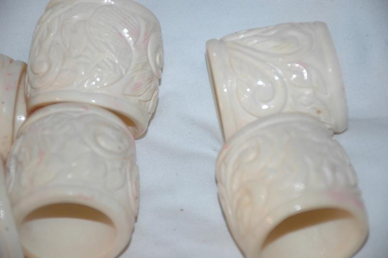 6 Finely Carved Bone Napkin Rings , Leaves & Vines, Heavy maybe Chinese