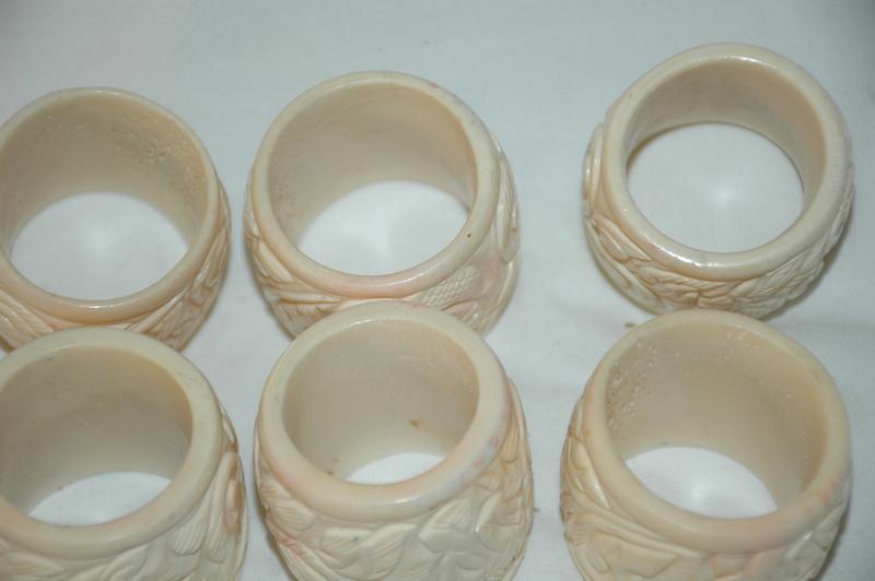 6 Finely Carved Bone Napkin Rings , Leaves & Vines, Heavy maybe Chinese