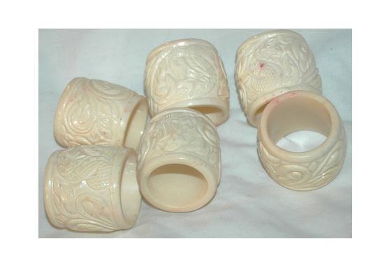 6 Finely Carved Bone Napkin Rings , Leaves & Vines, Heavy maybe Chinese