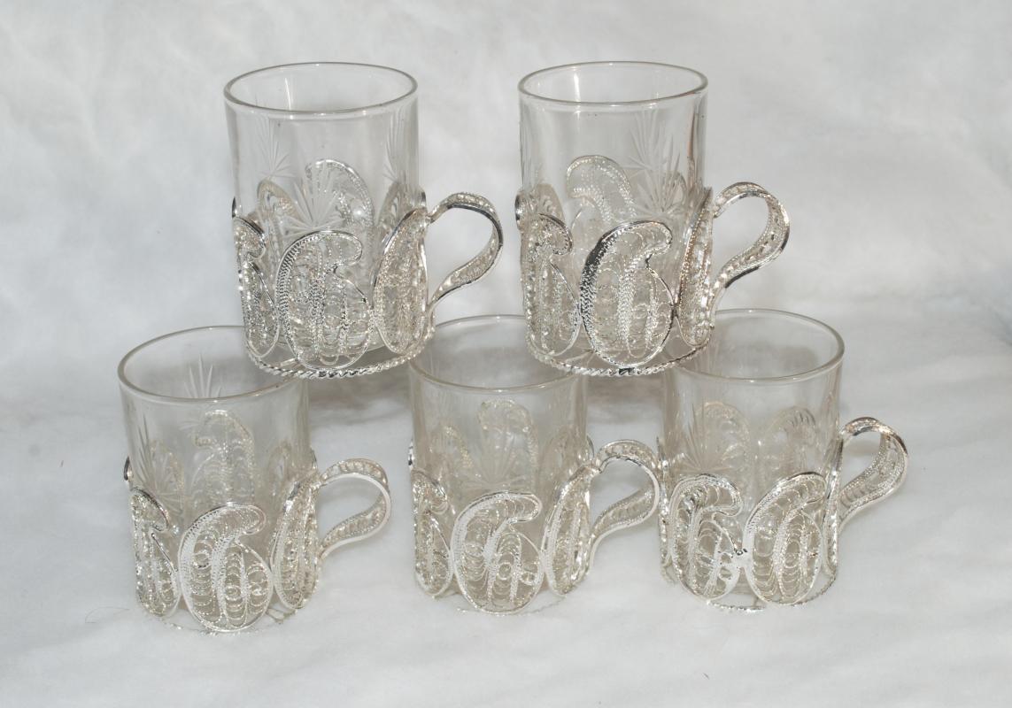 RUSSIAN SILVER FILIGREE & CRYSTAL GLASS TEA CUPS x 5