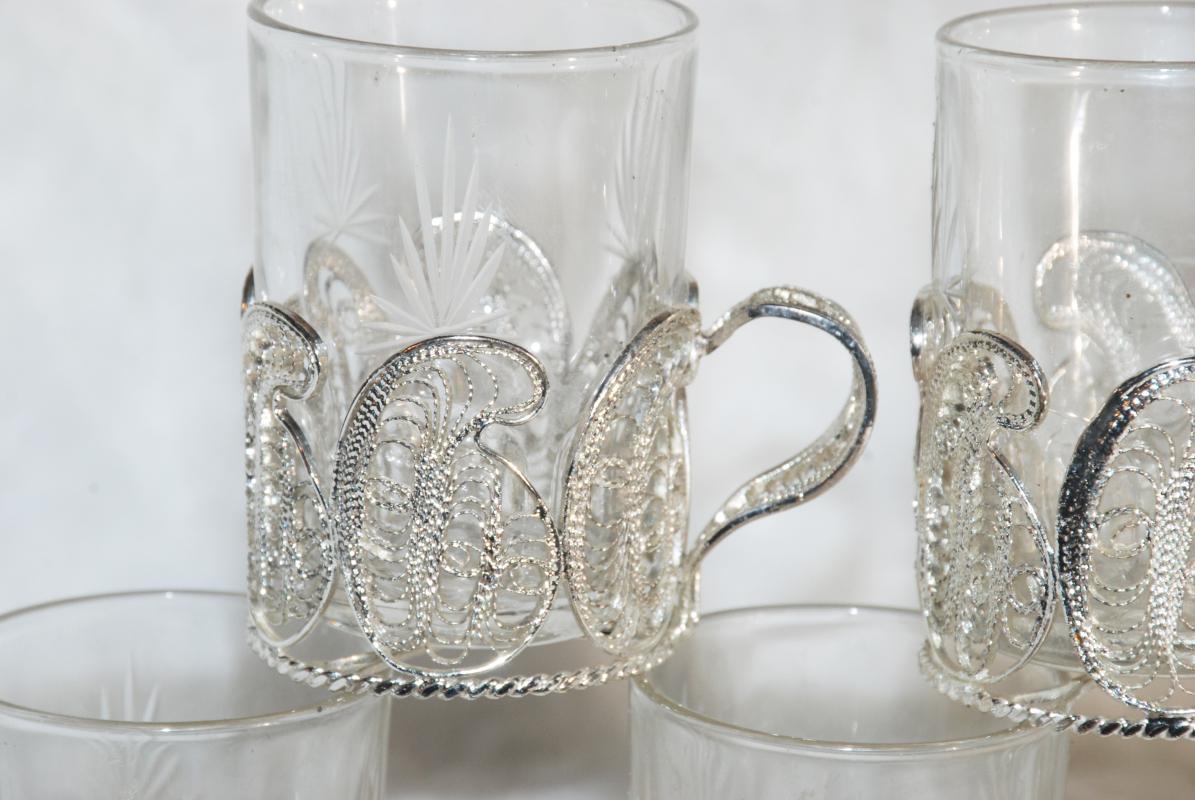 RUSSIAN SILVER FILIGREE & CRYSTAL GLASS TEA CUPS x 5