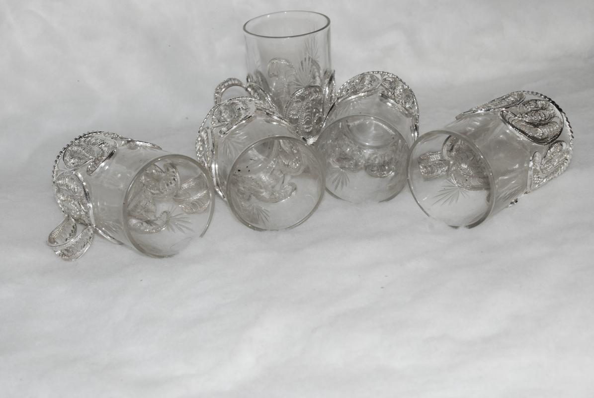 RUSSIAN SILVER FILIGREE & CRYSTAL GLASS TEA CUPS x 5