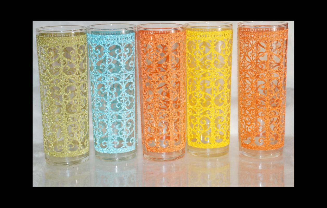 5 Libbey Starlyte Glasses MADRID Vintage Festive Bright Scroll Desgin Retro 1960s Cocktail, High Ball RARE!