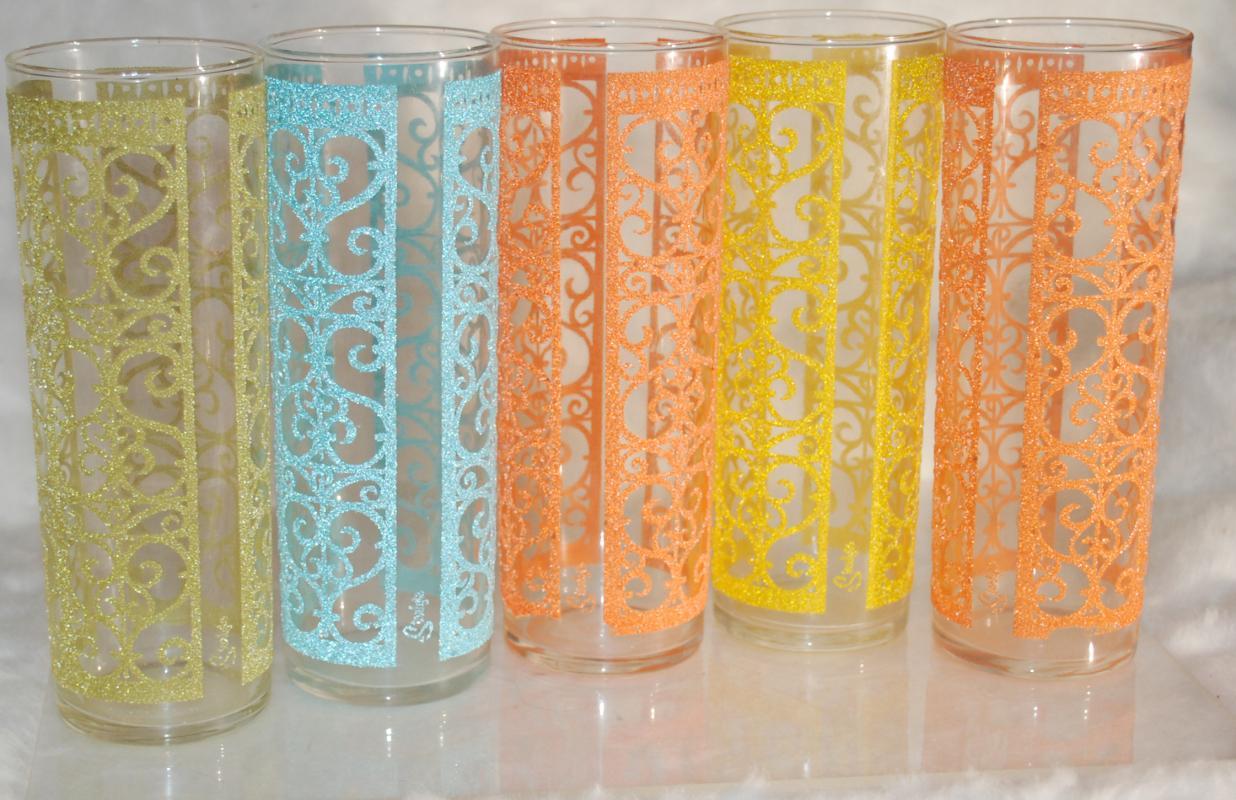 5 Libbey Starlyte Glasses MADRID Vintage Festive Bright Scroll Desgin Retro 1960s Cocktail, High Ball RARE!