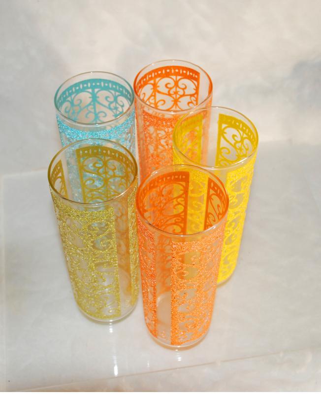 5 Libbey Starlyte Glasses MADRID Vintage Festive Bright Scroll Desgin Retro 1960s Cocktail, High Ball RARE!