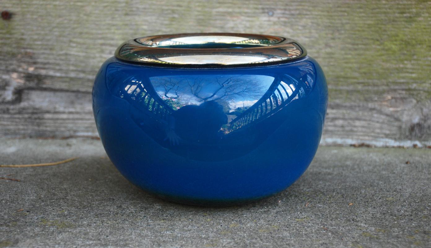 Fine Blown Art Glass Bowl , Signed and Dated, Blue with Gold Rim