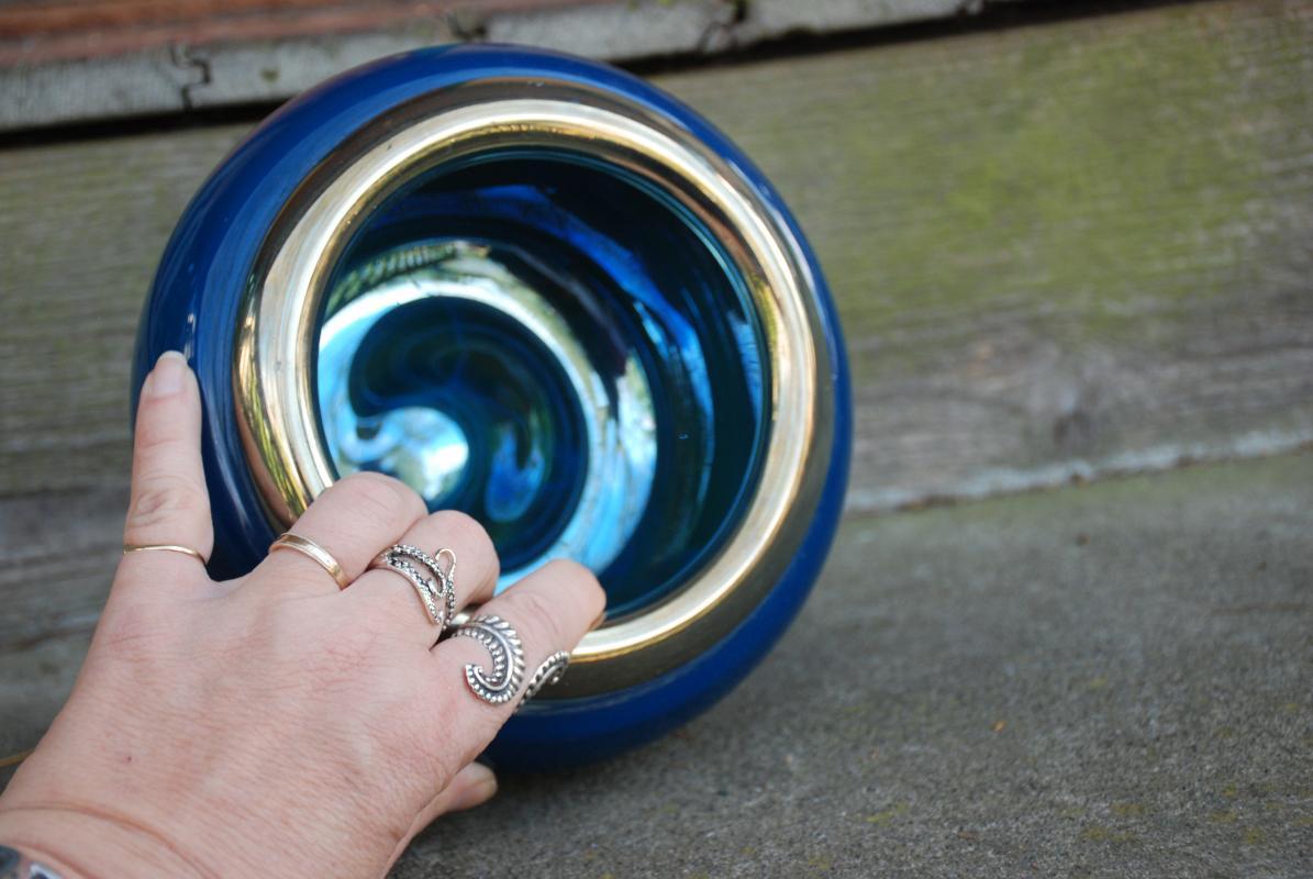 Fine Blown Art Glass Bowl , Signed and Dated, Blue with Gold Rim