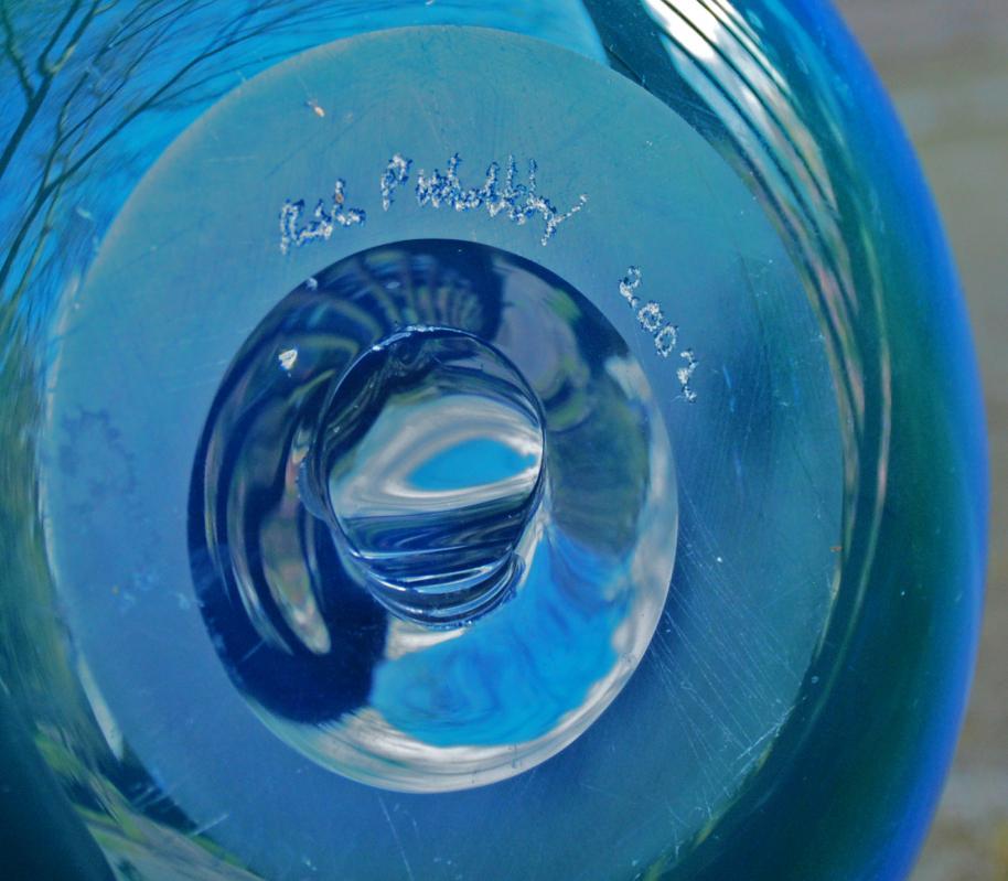 Fine Blown Art Glass Bowl , Signed and Dated, Blue with Gold Rim