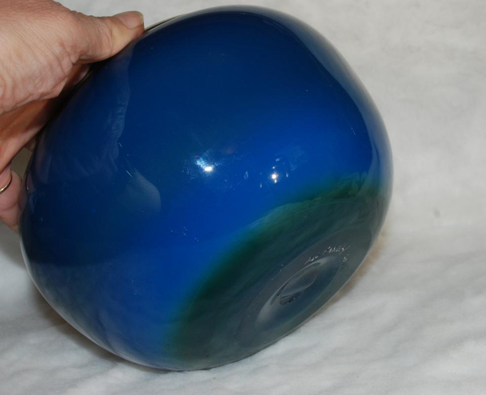 Fine Blown Art Glass Bowl , Signed and Dated, Blue with Gold Rim