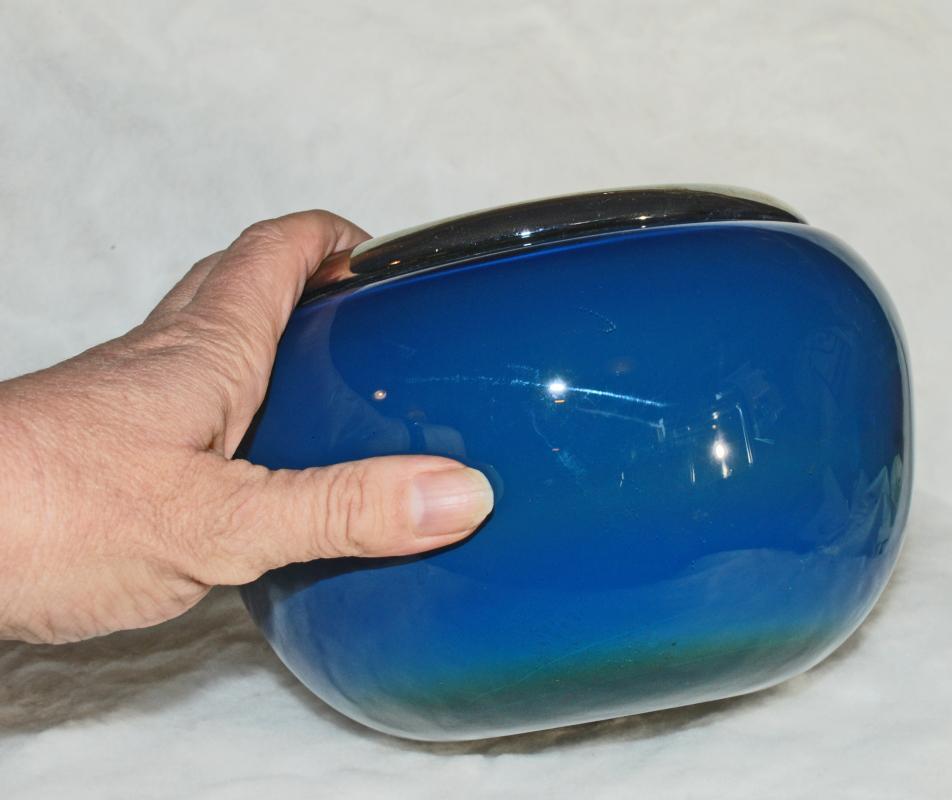 Fine Blown Art Glass Bowl , Signed and Dated, Blue with Gold Rim