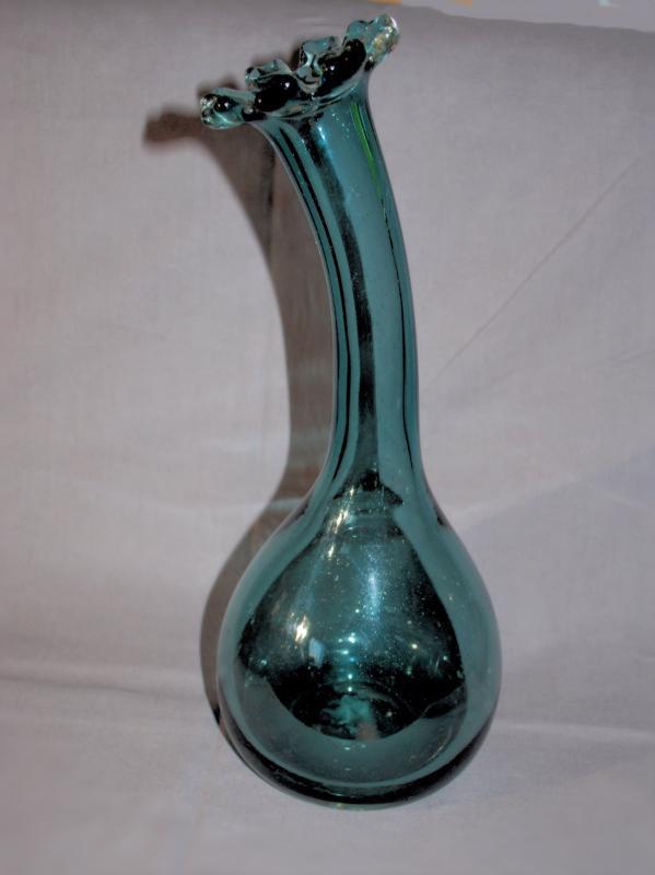 Mid- Century Dark Teal Blown Glass Curved Neck Vase , Blenko, Art Glass