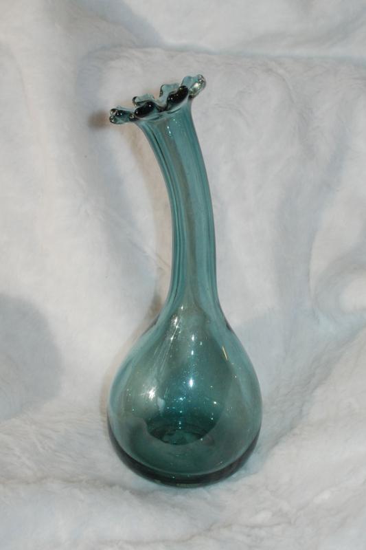 Mid- Century Dark Teal Blown Glass Curved Neck Vase , Blenko, Art Glass